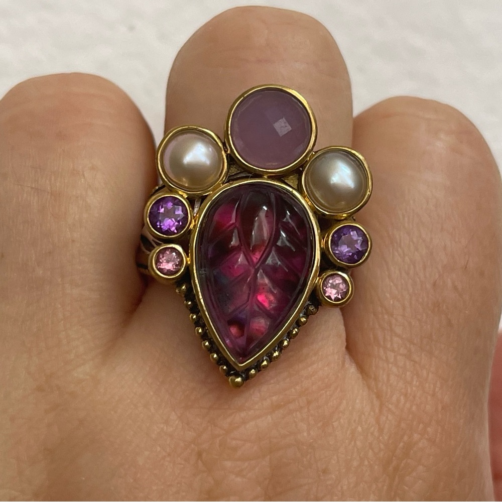 Echo of the Dreamer carved amethyst, pearl, enamel ring. Sterling silver bronze